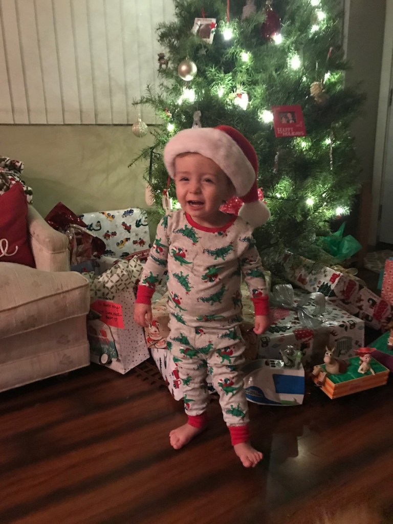 toddler with santa hat smiling by Christmas tree